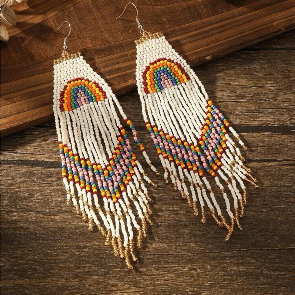 Rainbnow Beaded Tassel Drop Earrings